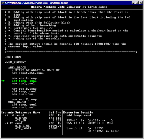 [The Anitra Machine Code Debugger in action]
