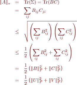 \begin{eqnarray*}
\|A\|_* &=& \text{Tr}(\Sigma) = \text{Tr}(BC) \\
  &=& \sum_{ij} B_{ij}C_{ji} \\
  &\leq& \sqrt{\left(\sum_{ij} B_{ij}^2\right) \left(\sum_{ij} C_{ij}^2\right)} \\
  &\leq& \frac{1}{2}\left( \sum_{ij} B_{ij}^2 + \sum_{ij} C_{ij}^2 \right) \\
  &=& \frac{1}{2}\left( \|B\|_F^2 + \|C\|_F^2 \right) \\
  &=& \frac{1}{2}\left( \|U\|_F^2 + \|V\|_F^2 \right)
\end{eqnarray*}