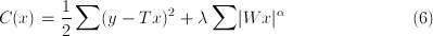 <code>C(x) = frac12sum(y-Tx)^2 + lambda sum lvert Wx rvert^alpha</code>