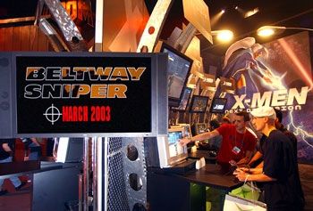 A Pixxel representative demonstrates Beltway Sniper at a recent video-game-industry convention.