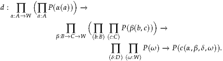         (         )
d : ∏    ∏  P(α(a))  →
  α:A →W  a:A           (                )
                ∏       ∏  ∏   P(β(b,c)) →
              β:B→C →W  (b:B)(c:C)
                                    P(ω ) → P(c(α,β,δ,ω)).
                           (∏δ:D) ∏(ω:W)
