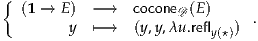 {
  (1 → E ) - →   coconeD(E )    .
        y  ↦- →   (y,y,λu.refly(⋆))

