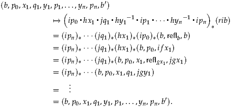 (b,p0,x1,q1,y1,p1,...,yn,pn,b′)
               (   ▪   ▪   ▪   -1▪   ▪   ▪  - 1▪  )
            ↦→   ip0 hx1 jq1 hy1   ip1 ⋅⋅⋅ hyn   ipn  *(rib)
            =  (ipn)*⋅⋅⋅(jq1)*(hx 1)*(ip 0)*(b,reflb,b)

            =  (ipn)*⋅⋅⋅(jq1)*(hx 1)*(b,p0,ifx1)
            =  (ipn)*⋅⋅⋅(jq1)*(b,p0,x1,reflgx1,jgx1)
            =  (ipn)*⋅⋅⋅(b,p0,x1,q1,jgy1)
                .
            =   ..
            =  (b,p ,x ,q ,y ,p ,...,y ,p ,b′).
                  0  1 1  1  1     n n
