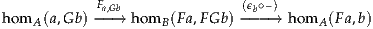             Fa,Gb               (ϵb∘–)
homA (a,Gb )--→  homB (Fa,FGb)- --→  homA (Fa,b)
