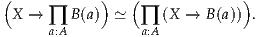 (           )   (             )
 X →     B(a) ≃     (X →  B(a)) .
      ∏a:A         ∏a:A
