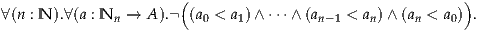                        (                                  )
∀(n : N ).∀(a : Nn → A ). (a0 < a1)∧ ⋅⋅⋅∧ (an-1 < an)∧ (an < a0) .

