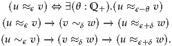  (u ≈ ϵ v) ⇔ ∃(θ : Q+ ).(u ≈ ϵ-θ v)
(u ≈ ϵ v) → (v ~ δ w ) → (u ≈ ϵ+ δ w)
(u ~  v) → (v ≈ w ) → (u ≈   w).
    ϵ         δ         ϵ+δ
