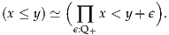          (            )
(x ≤ y) ≃  ∏  x < y+ ϵ .
          ϵ:Q+
