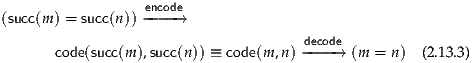                   encode
(succ(m) = succ(n))----→
                                      decode
      code(succ(m ),succ(n )) ≡ code(m ,n)----→ (m = n ) (2.13.3)
