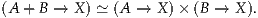 (A + B → X ) ≃ (A → X )× (B → X ).
