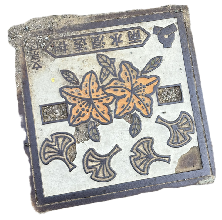 A manhole cover with colored flowers