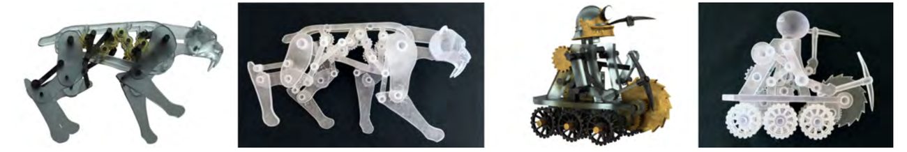Fabricated mechanical characters with gear trains and linkages