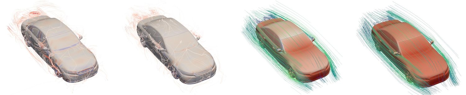 Predicted aerodynamic pressure fields over many car geometries